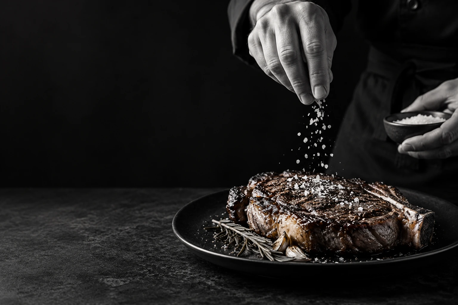Illustrative chef finishing a steak